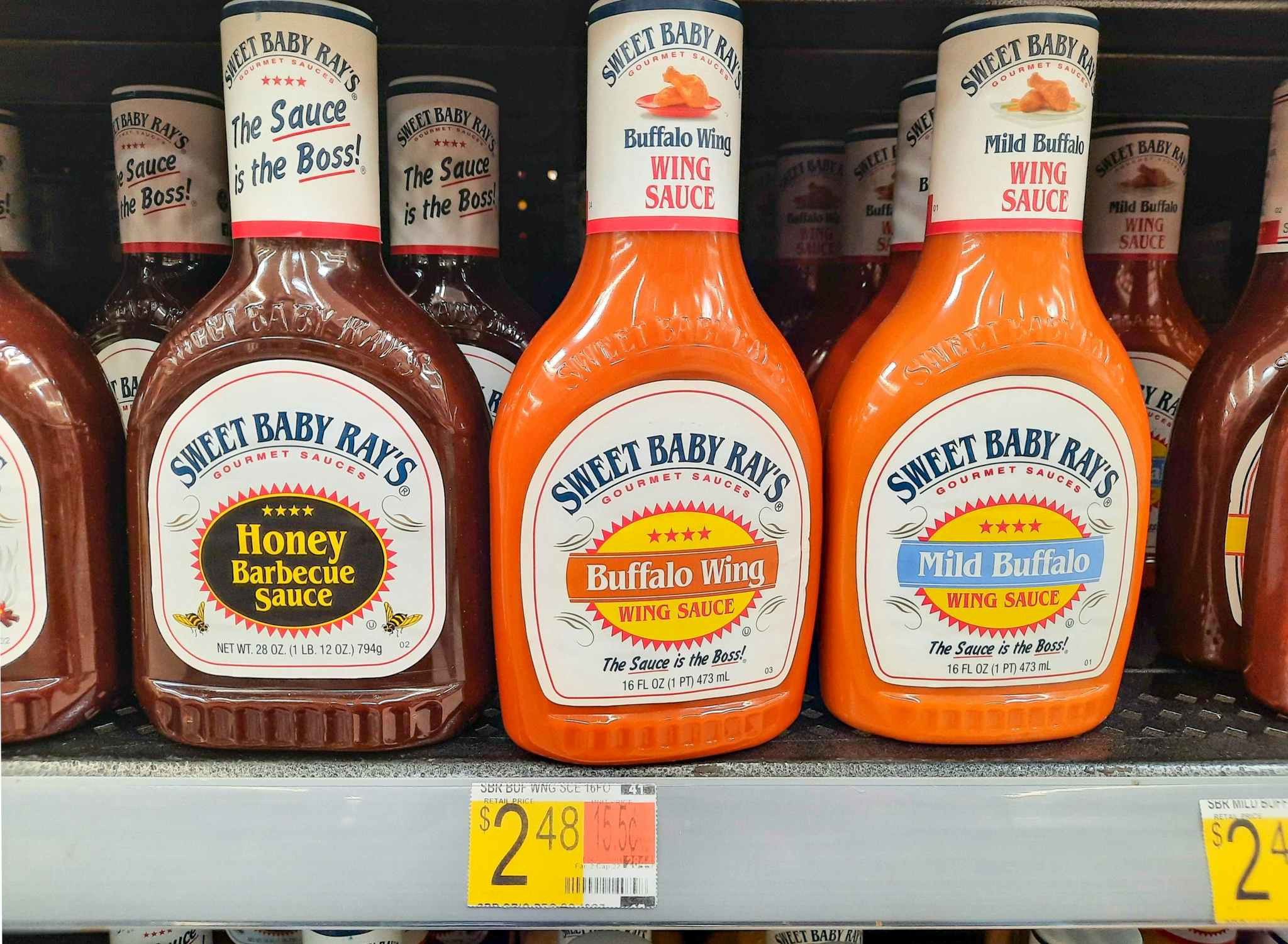 Sweet Baby Rays Wing Sauce on display at Walmart