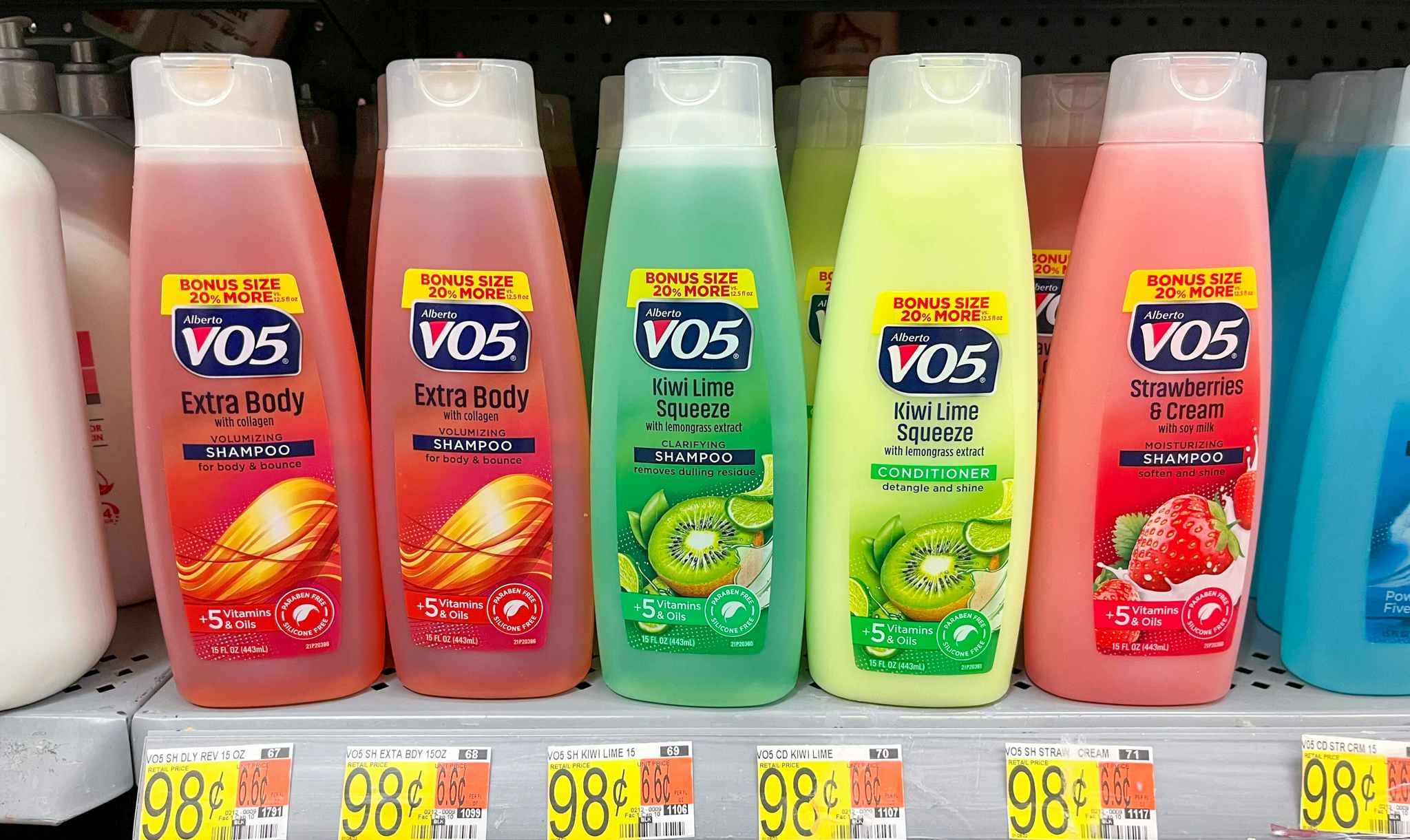 VO5 Shampoo and Conditioner products on shelf at Walmart