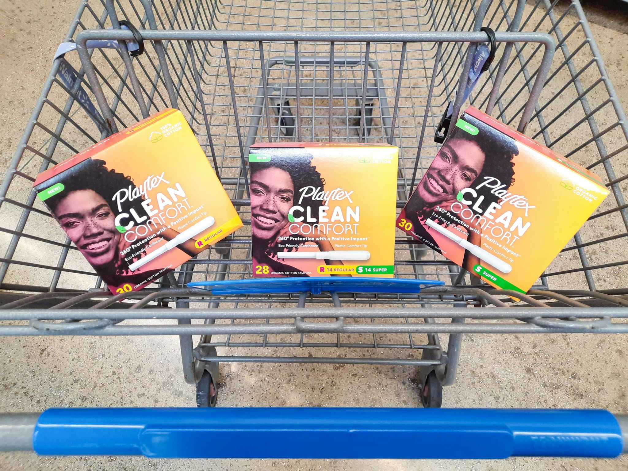 Playtex Clean Comfort tampon products in Walmart shopping cart