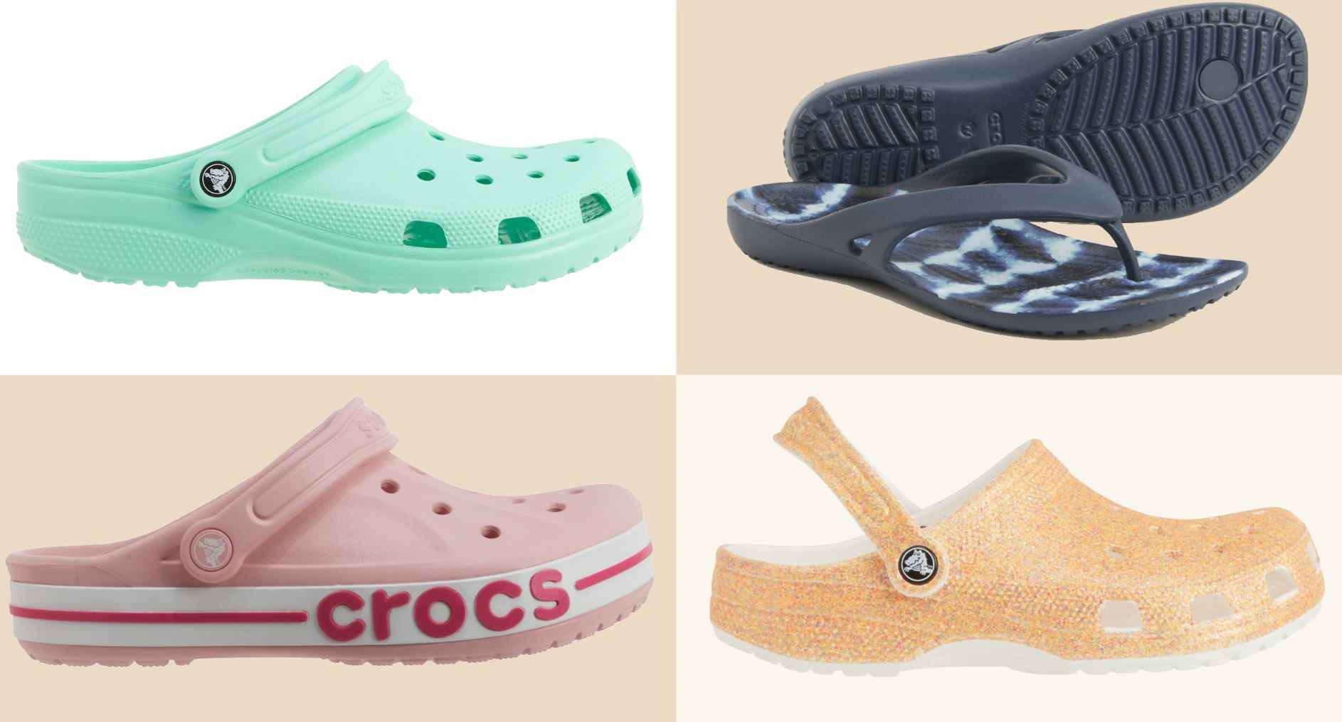 a collage of different styles of women's crocs