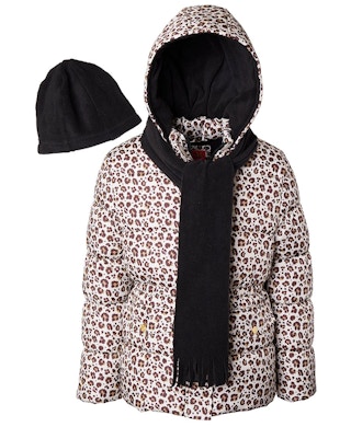 Beige Leopard Puffer Coat Set