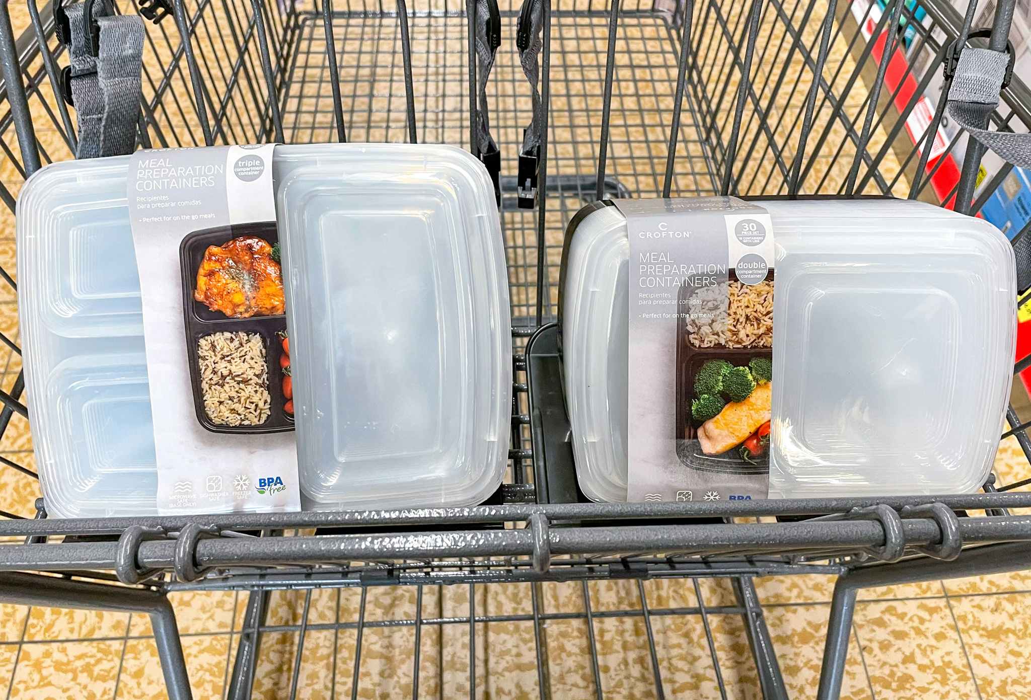 meal prep containers in a cart at aldi 