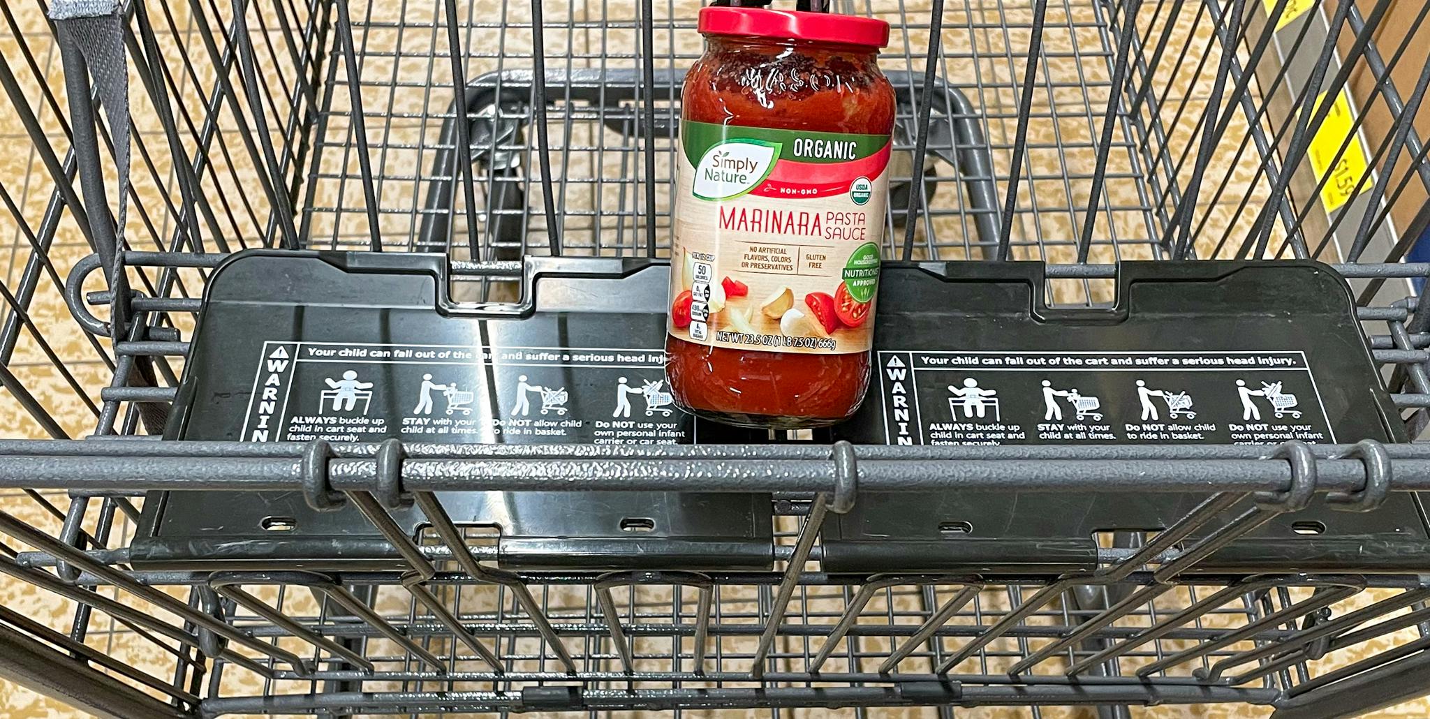 organic marinara sauce in a cart at aldi