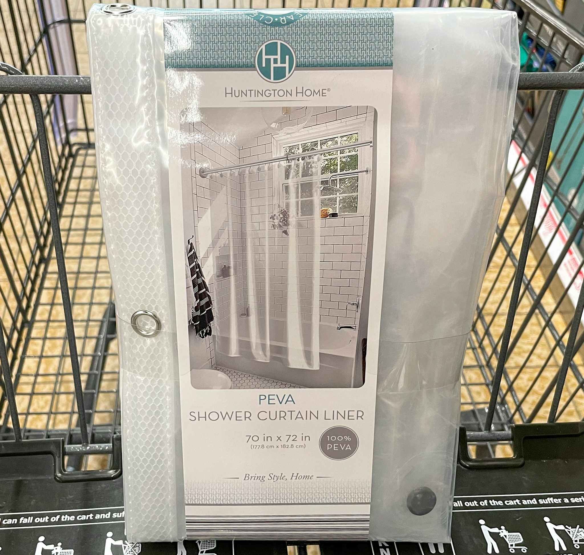 shower curtain liner in a cart at aldi 