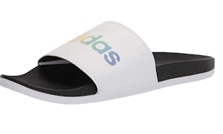 White Adidas slides on a white background
