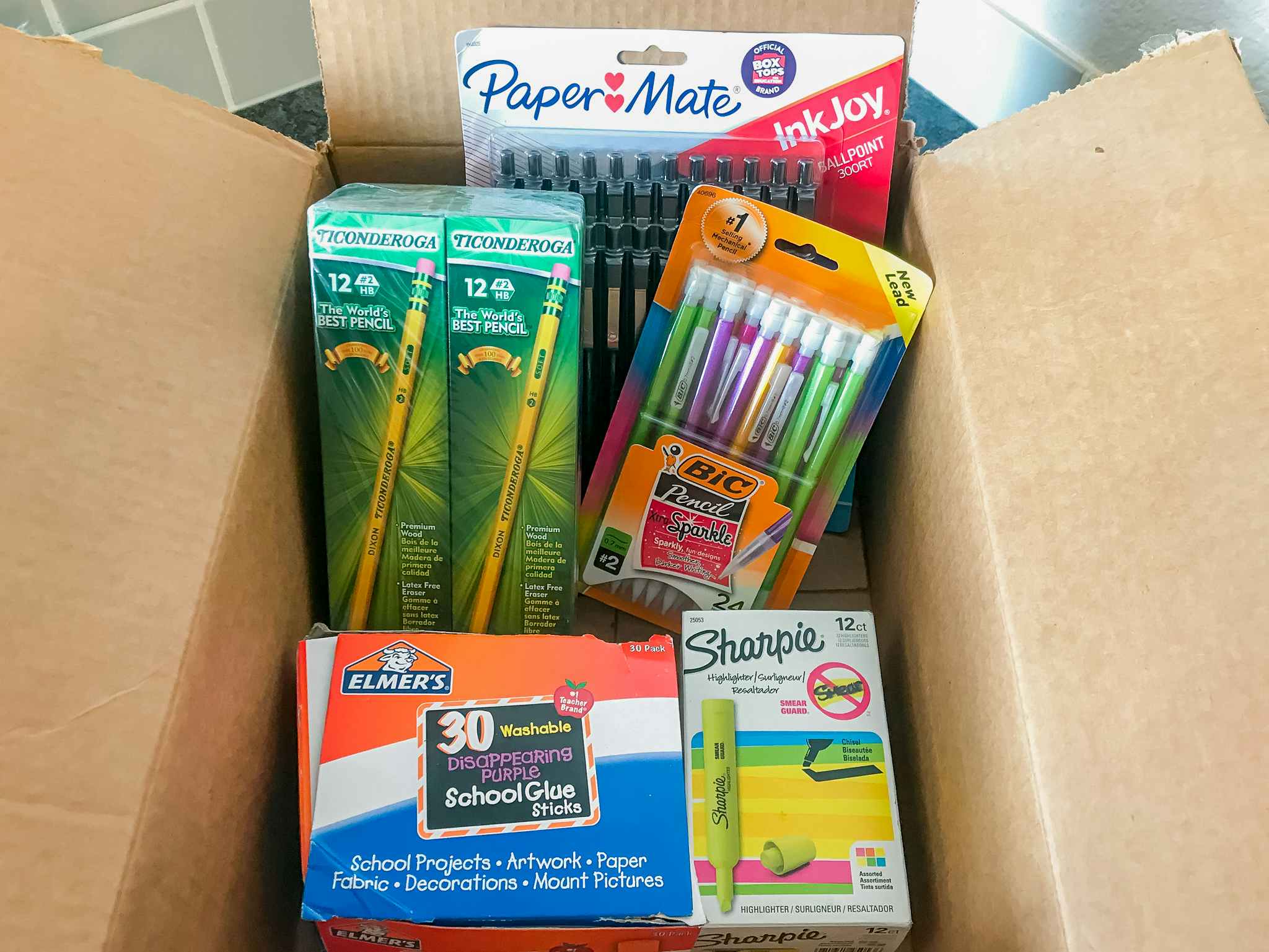 a box full of school supplies