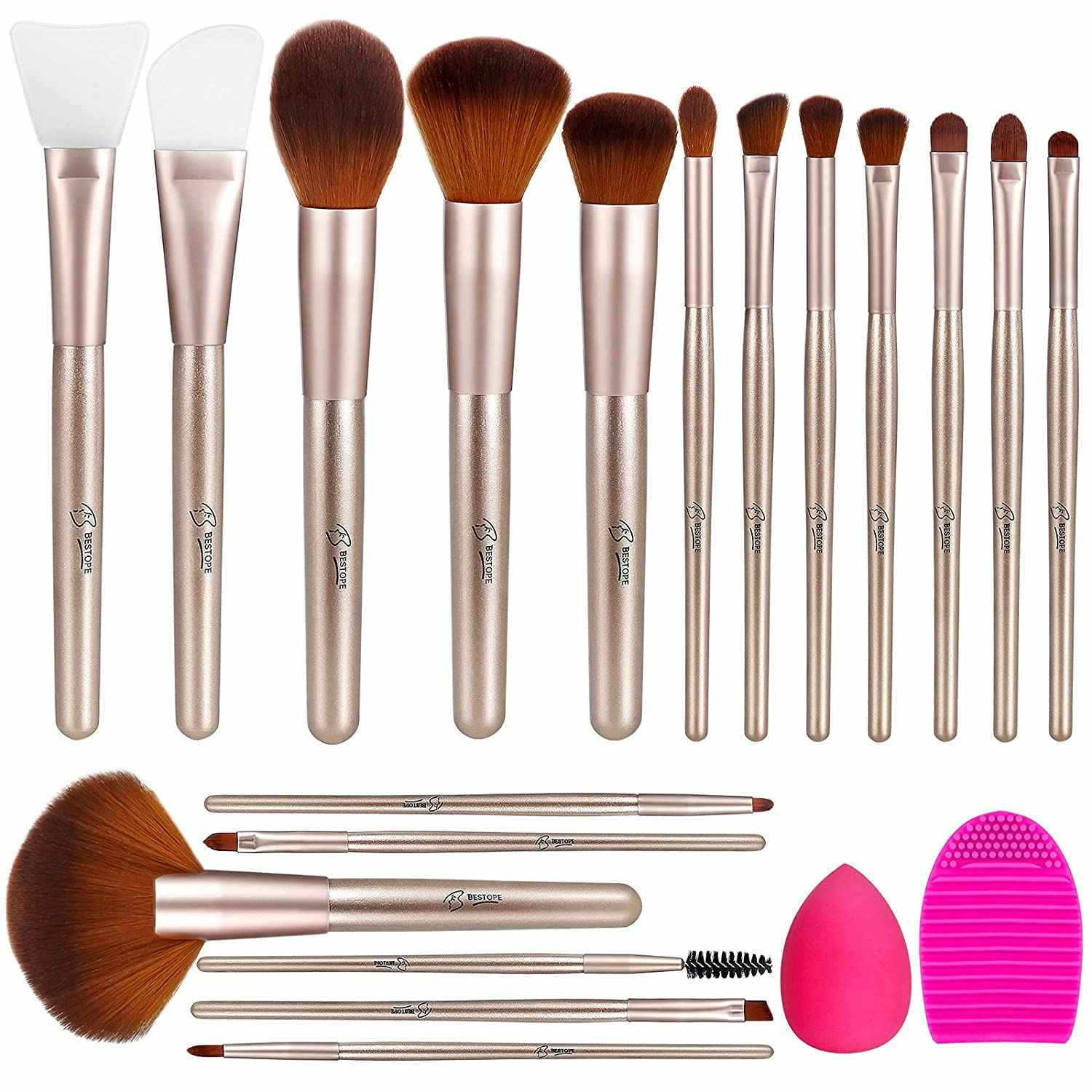 A set of makeup brushes and accessories on a white background.