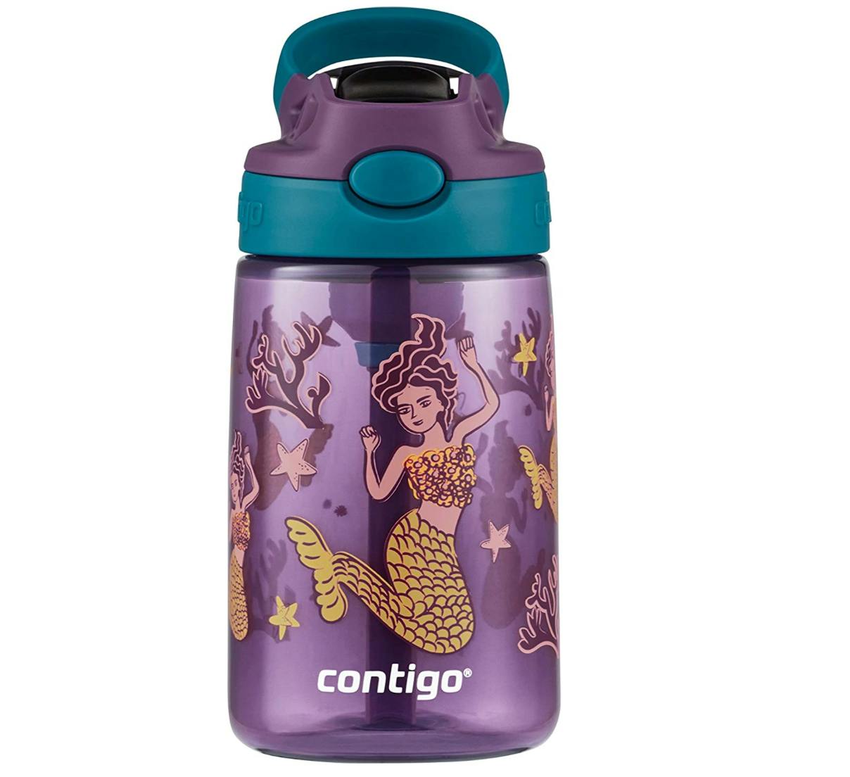 Purple mermaid water bottle on a white background