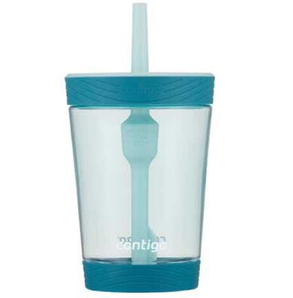 Blue tumbler with a straw on a white background