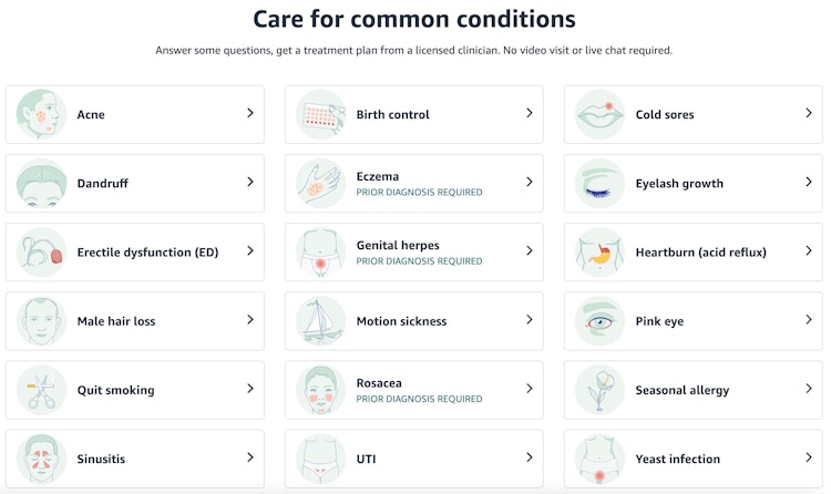List of the health conditions available for treatment with Amazon Clinics