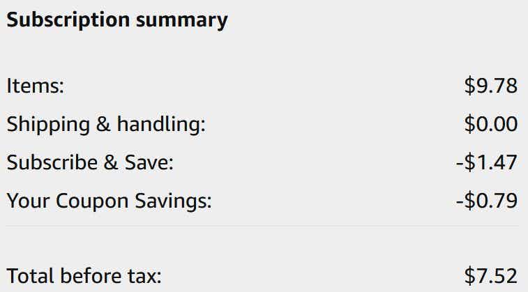 An Amazon subscription summary ending in $7.52.