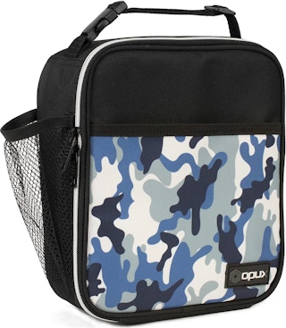 stock image of blue and black camo lunch box