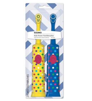 Blue and yellow toothbrushes in a pack