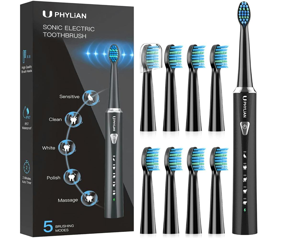Electric toothbrush with eight brush heads