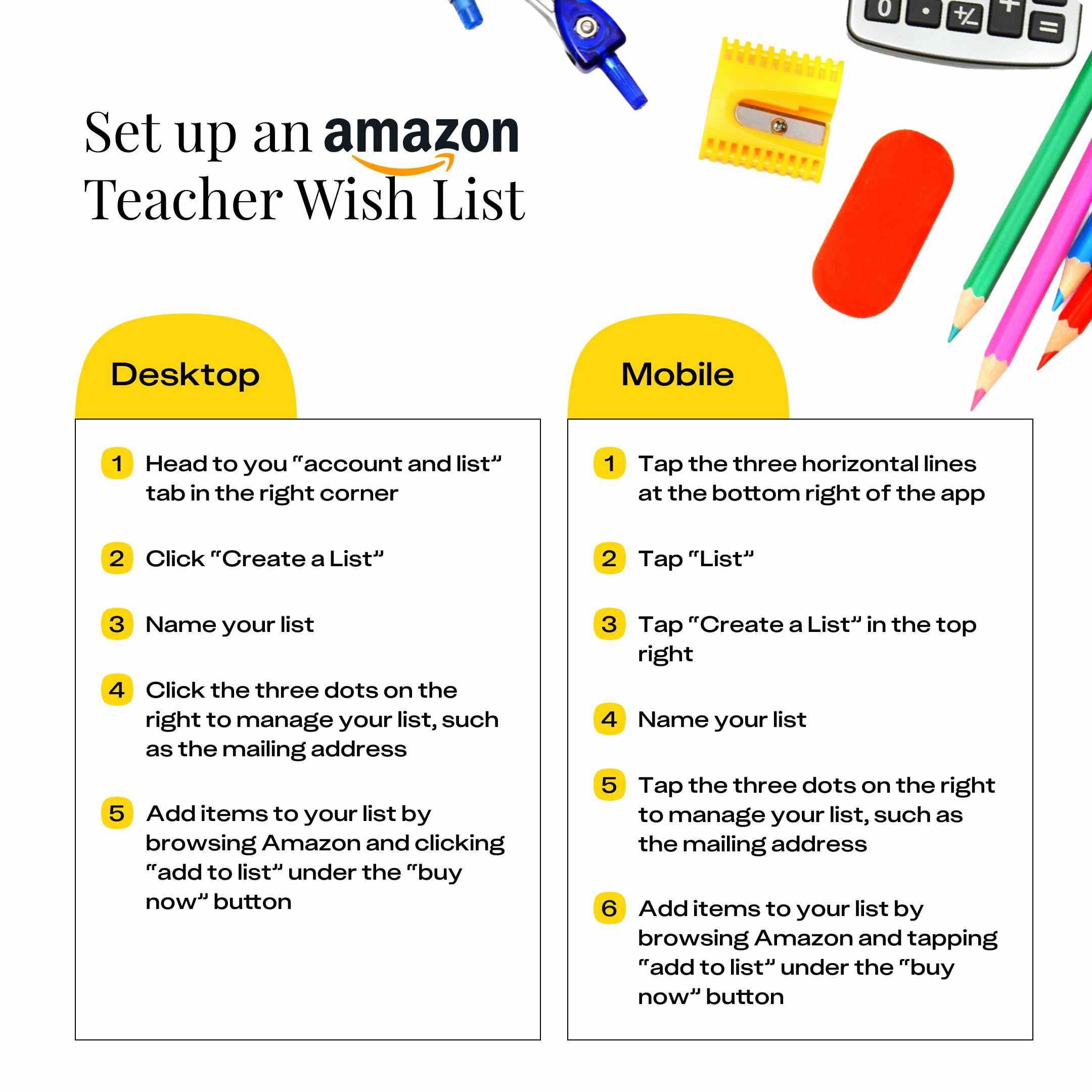 a graphic showing how to create an Amazon wishlist on Desktop and Mobile
