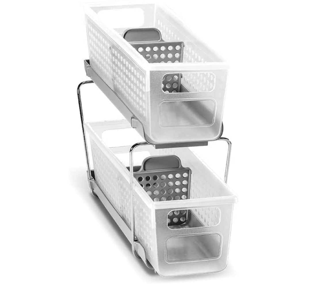 White and silver 2-tier organizer on a white background