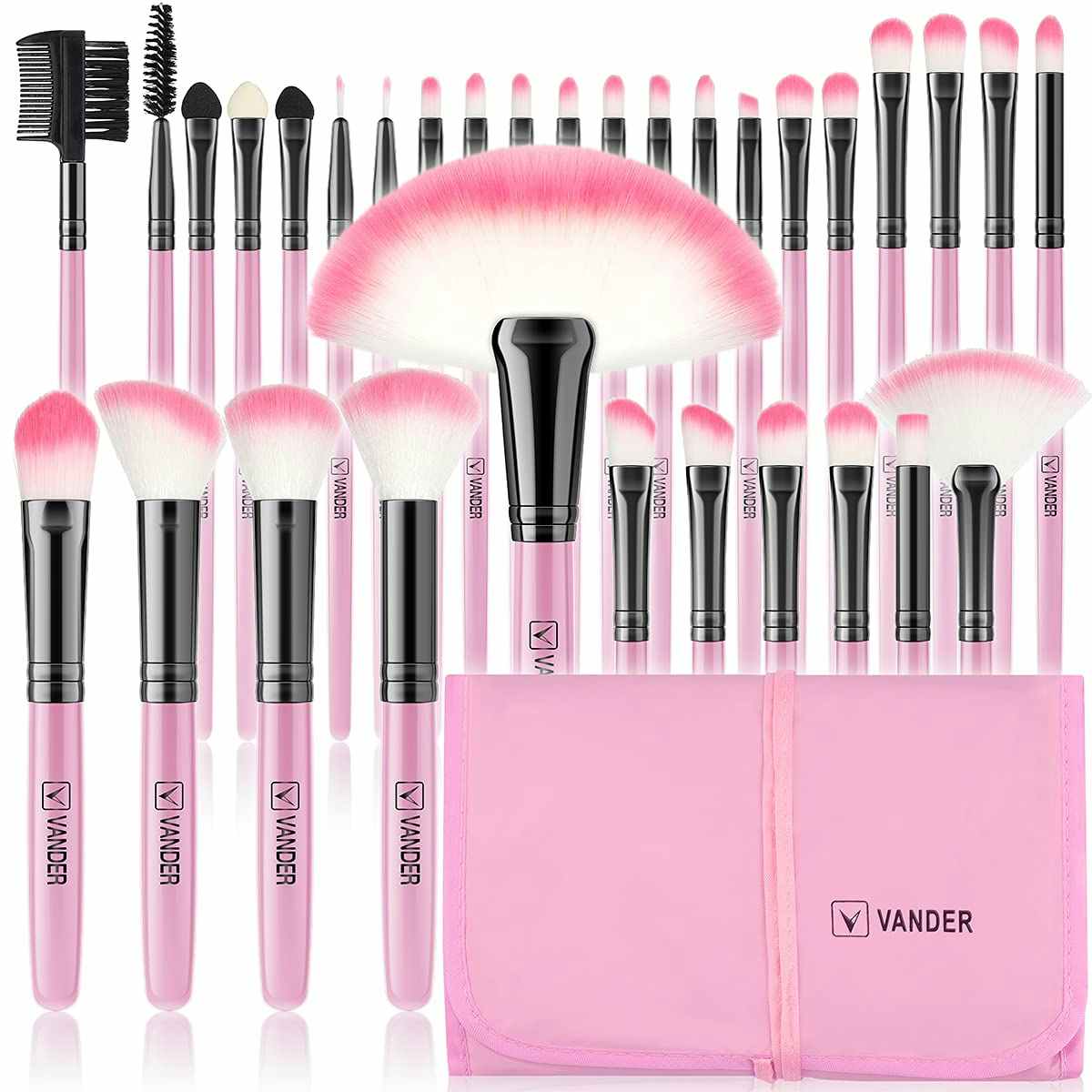 A set of white makeup brushes on a white background.