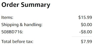 An Amazon order summary ending in $7.99.