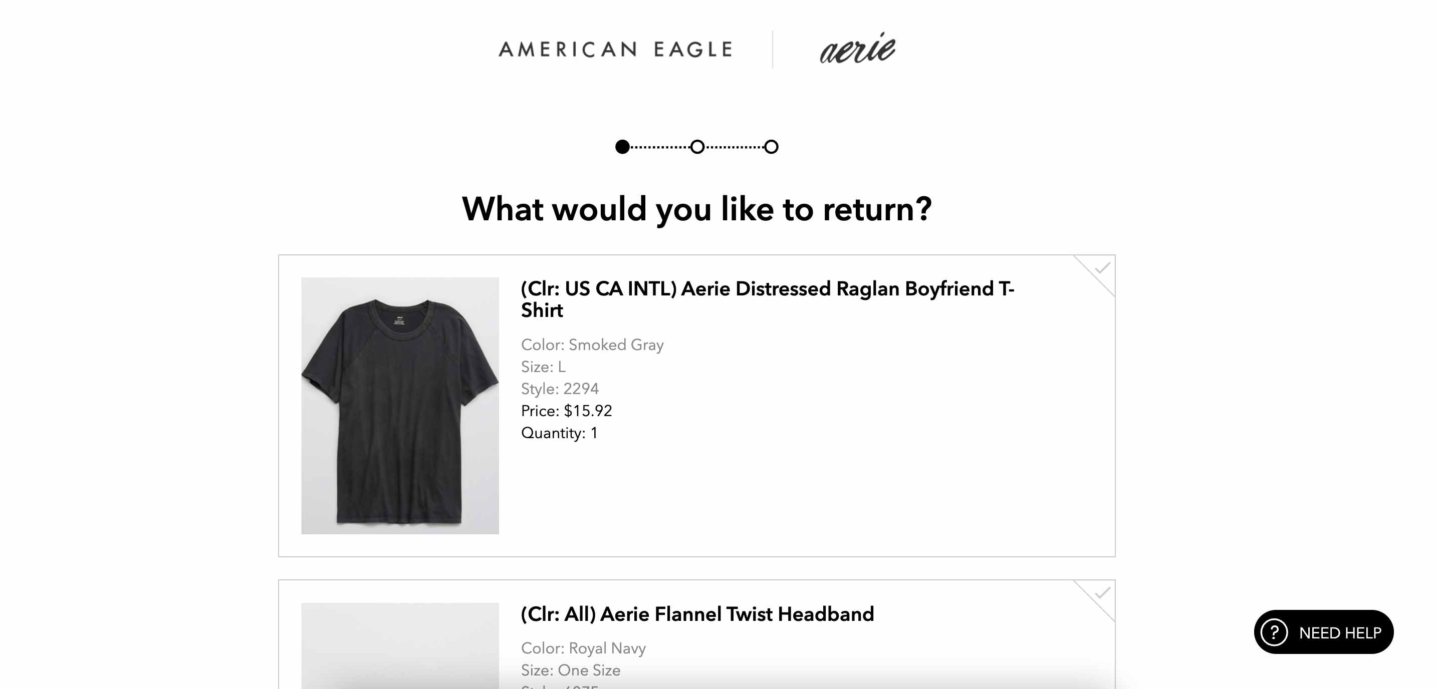 a screenshot of american eagle's online return process where you select which items you'd like to return