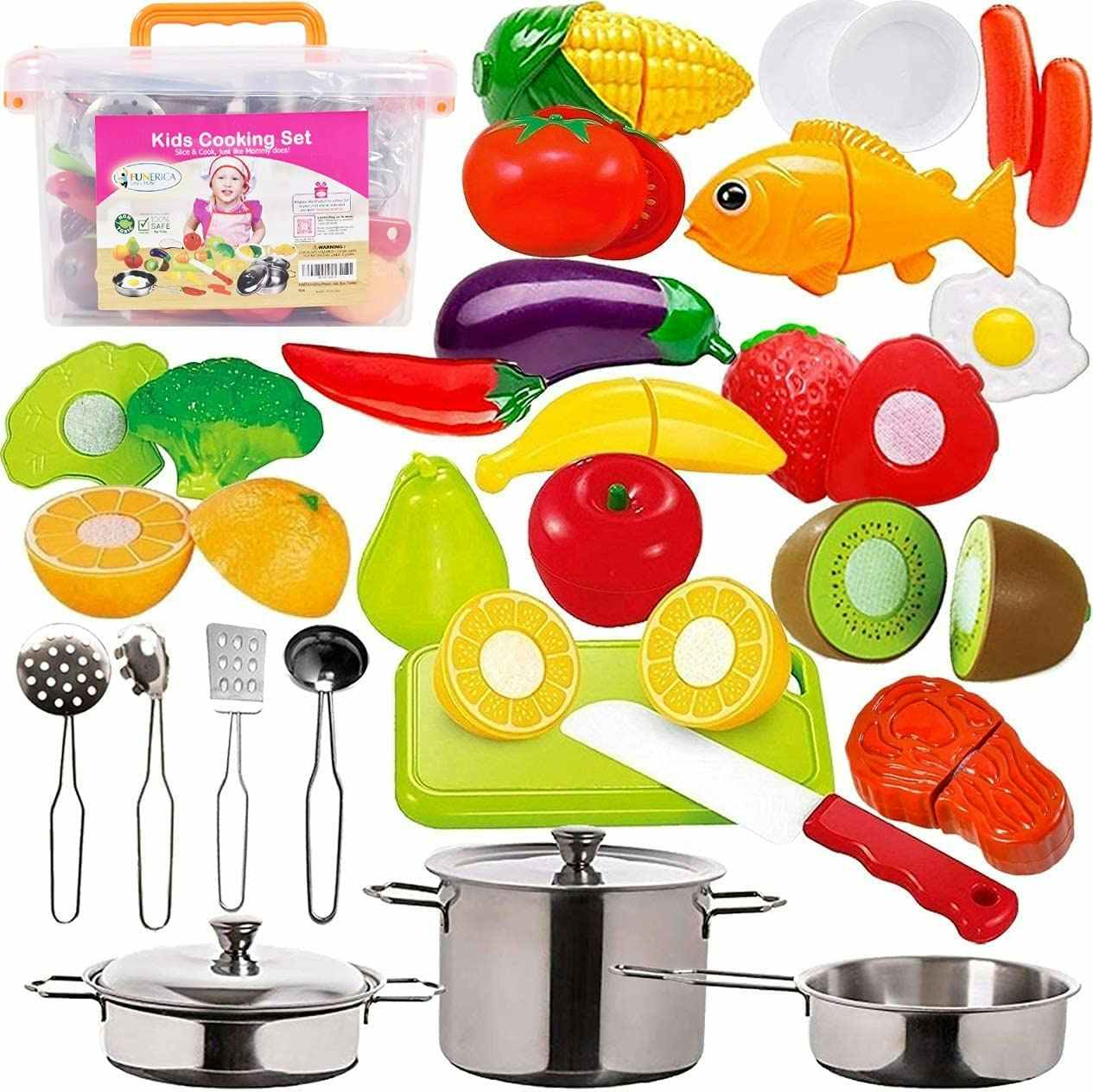 A Funerica Pretend Play Food Set with pots, pans, utensils, and fake food on a white background.