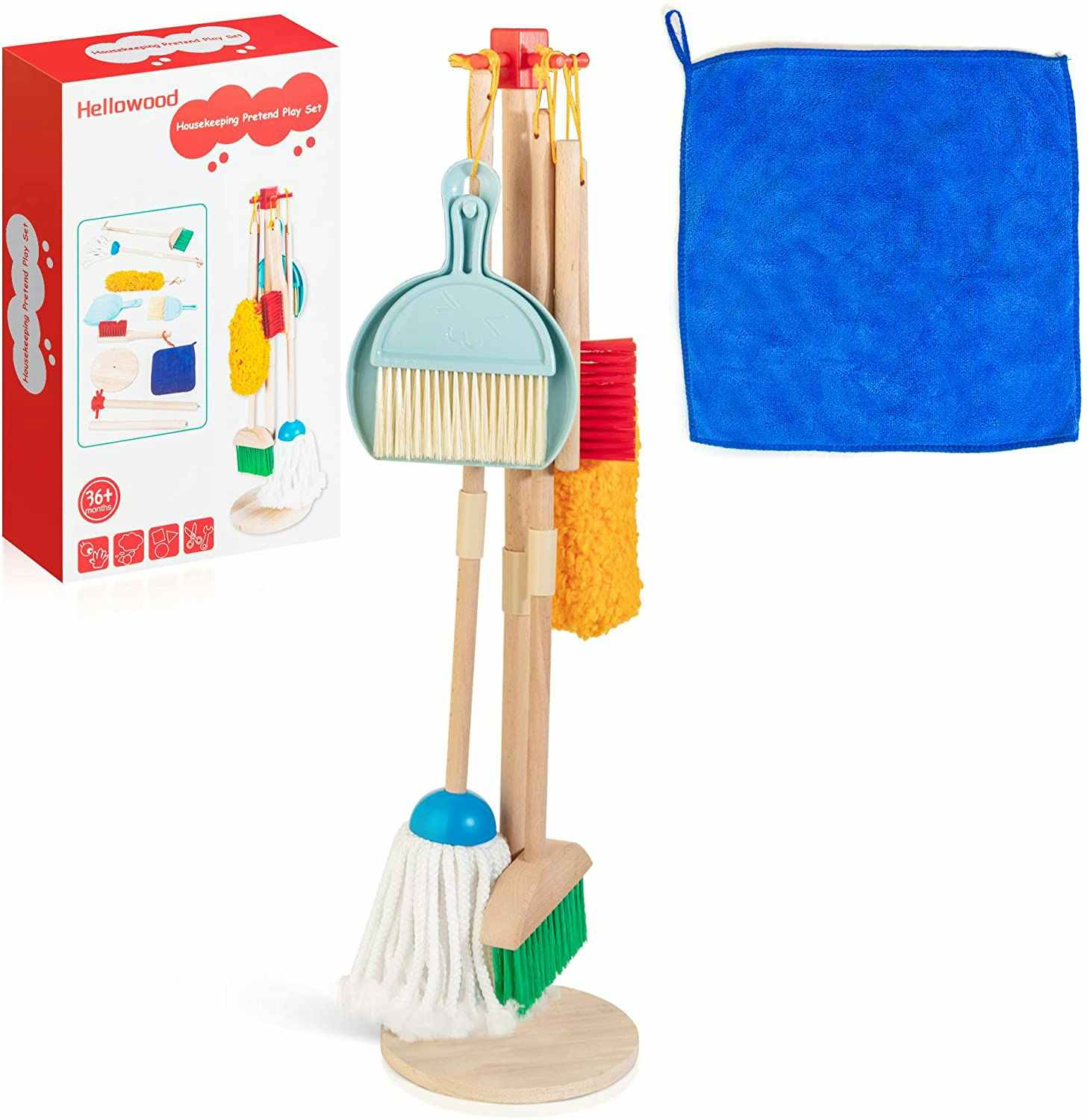A HelloWood Kids Cleaning Set and its box on a white background.