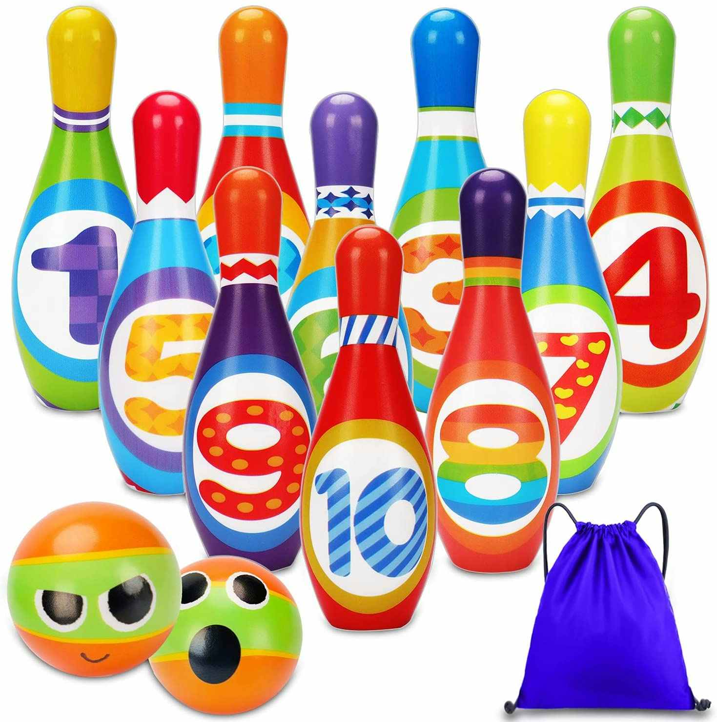 A AugToy Kids Bowling Set with numbered pins and colorful bowling balls on a white background.