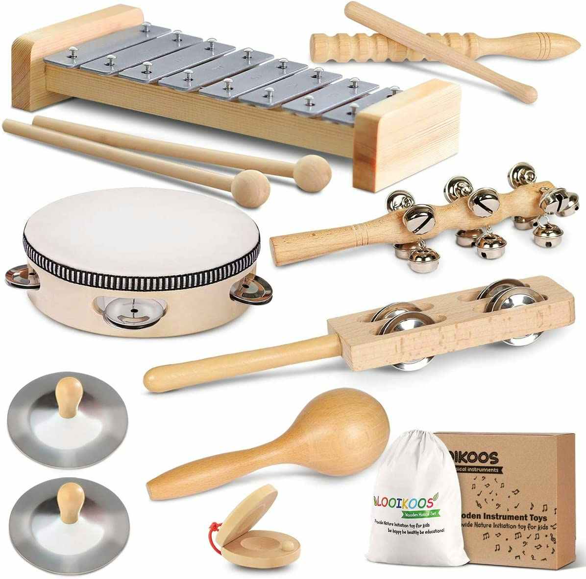 A Looikoos Musical Instrument Set with a tambourine, xylophone, and other small instruments on a white background.