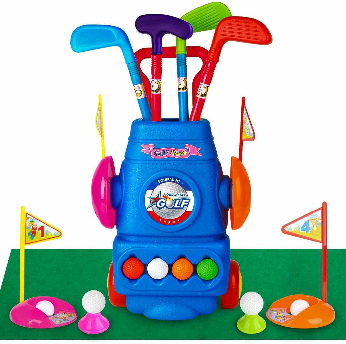A Meland Kids Golf Club Set staged on a green floor with a white background.