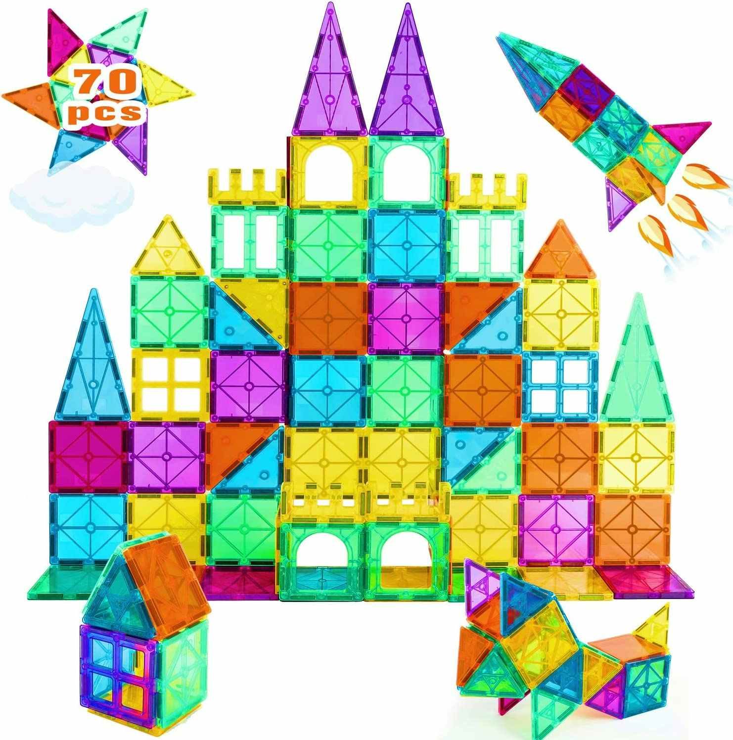 gifts for 2 year olds - A Neoformers Magnetic Tiles set shaped like a castle, a house, a spaceship and a dog on a white background.