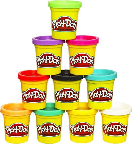 A stack of 10 containers of Play-Doh on a white background.