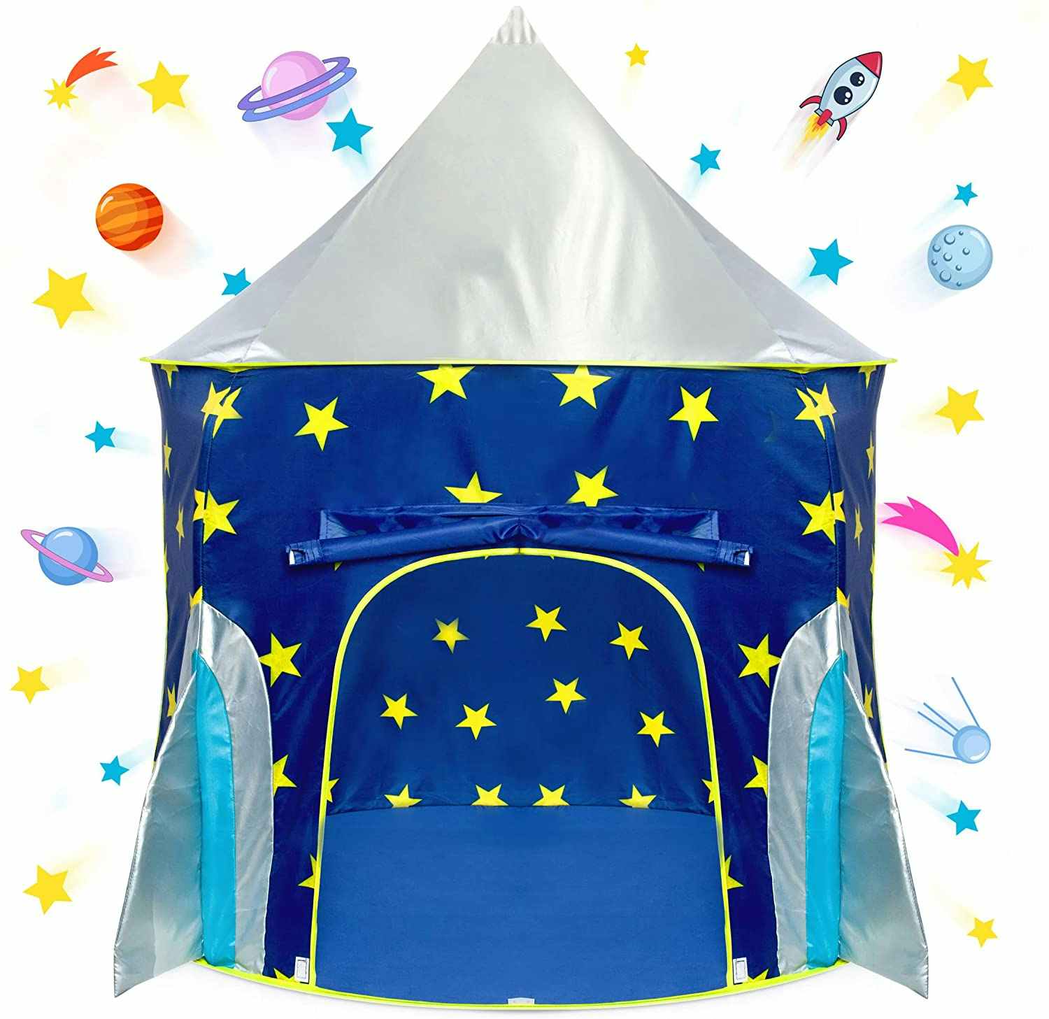 A spaceship-themed USA Toyz Pop Up Kids Tent on a white background.