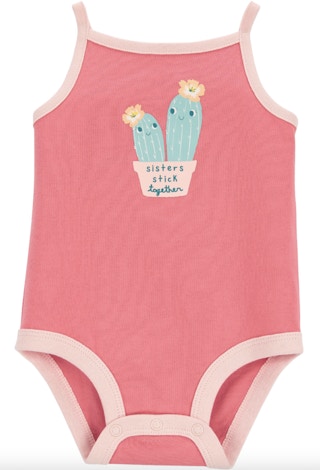 a pink baby tank bodysuit with a cactus on it