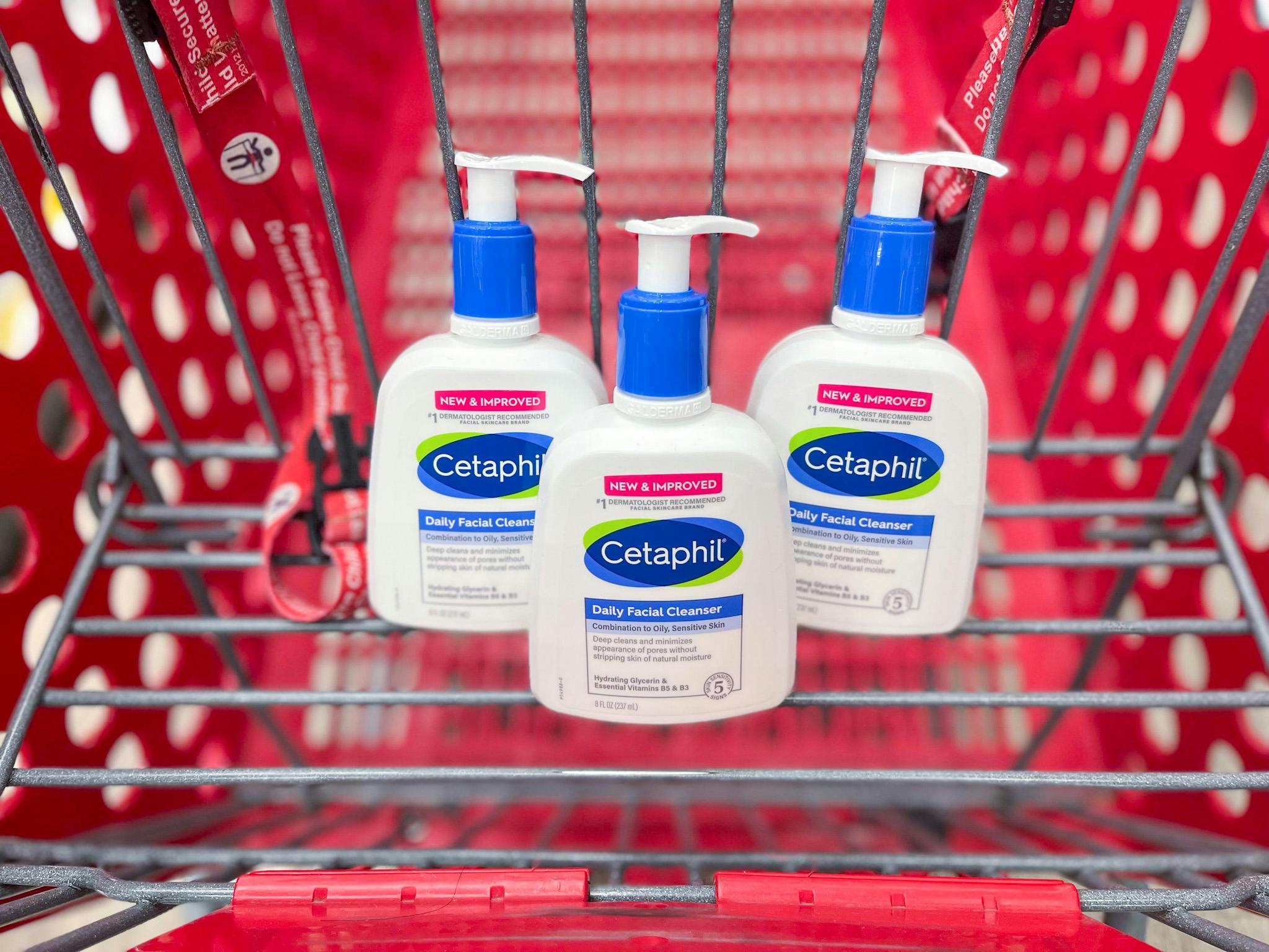 3 bottles of cetaphil daily facial cleanser in a target cart