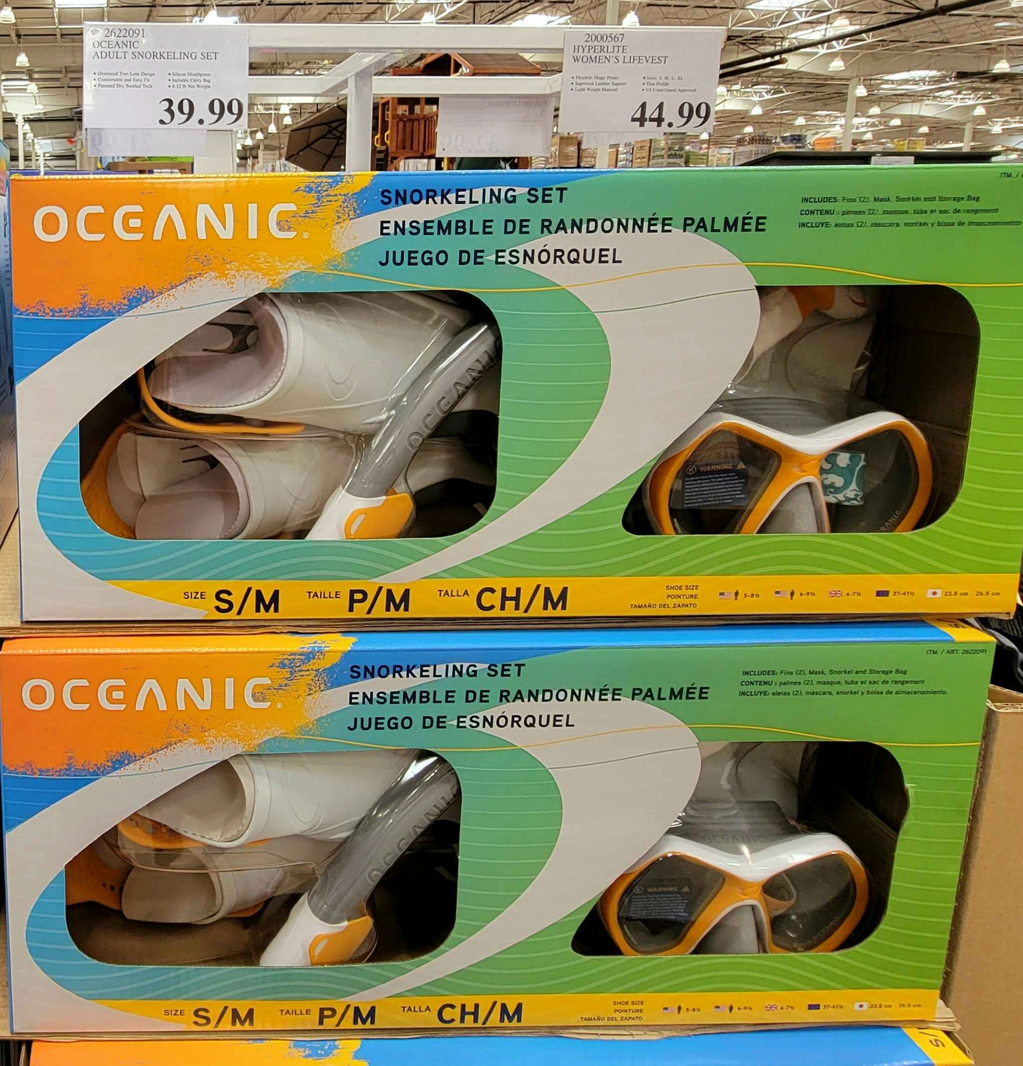 adult snorkeling set stacked together on a display at costco