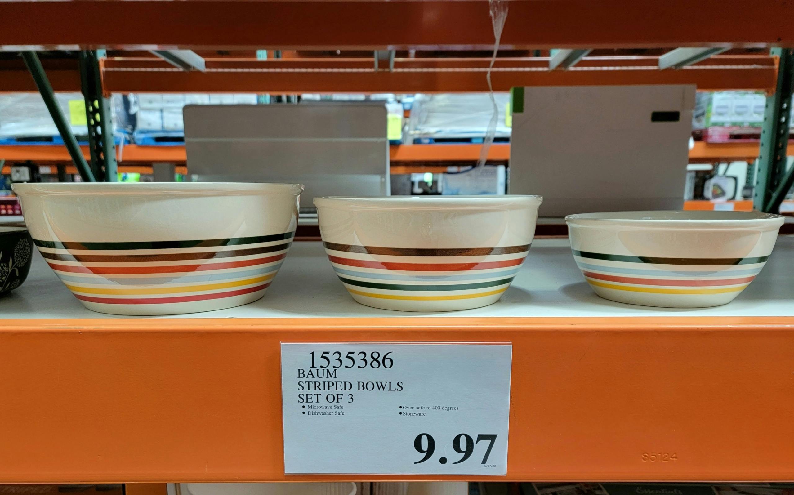 three bowls on a shelf at costco