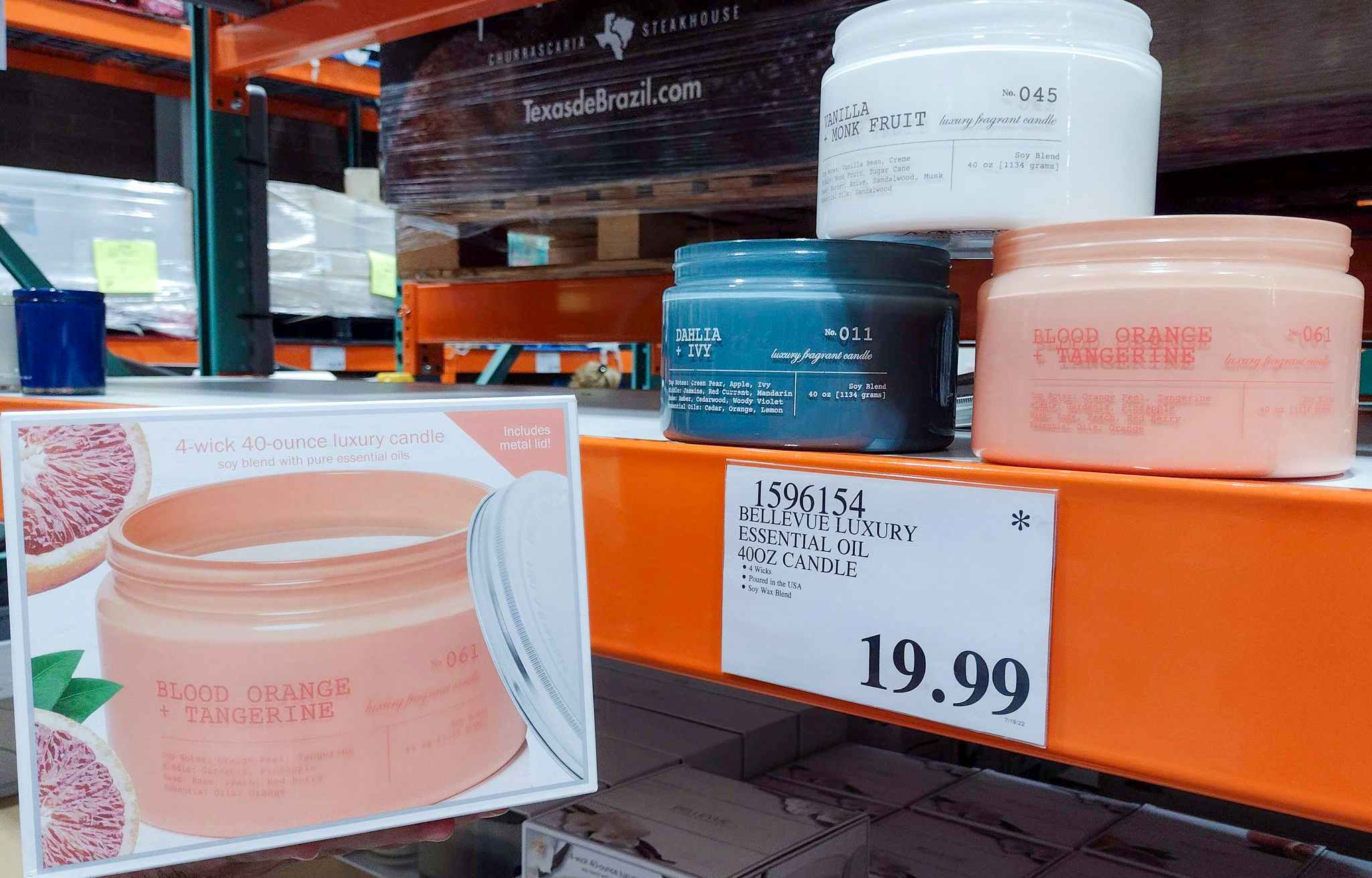bellevue 40 ounce candles on a shelf at costco with sales tag