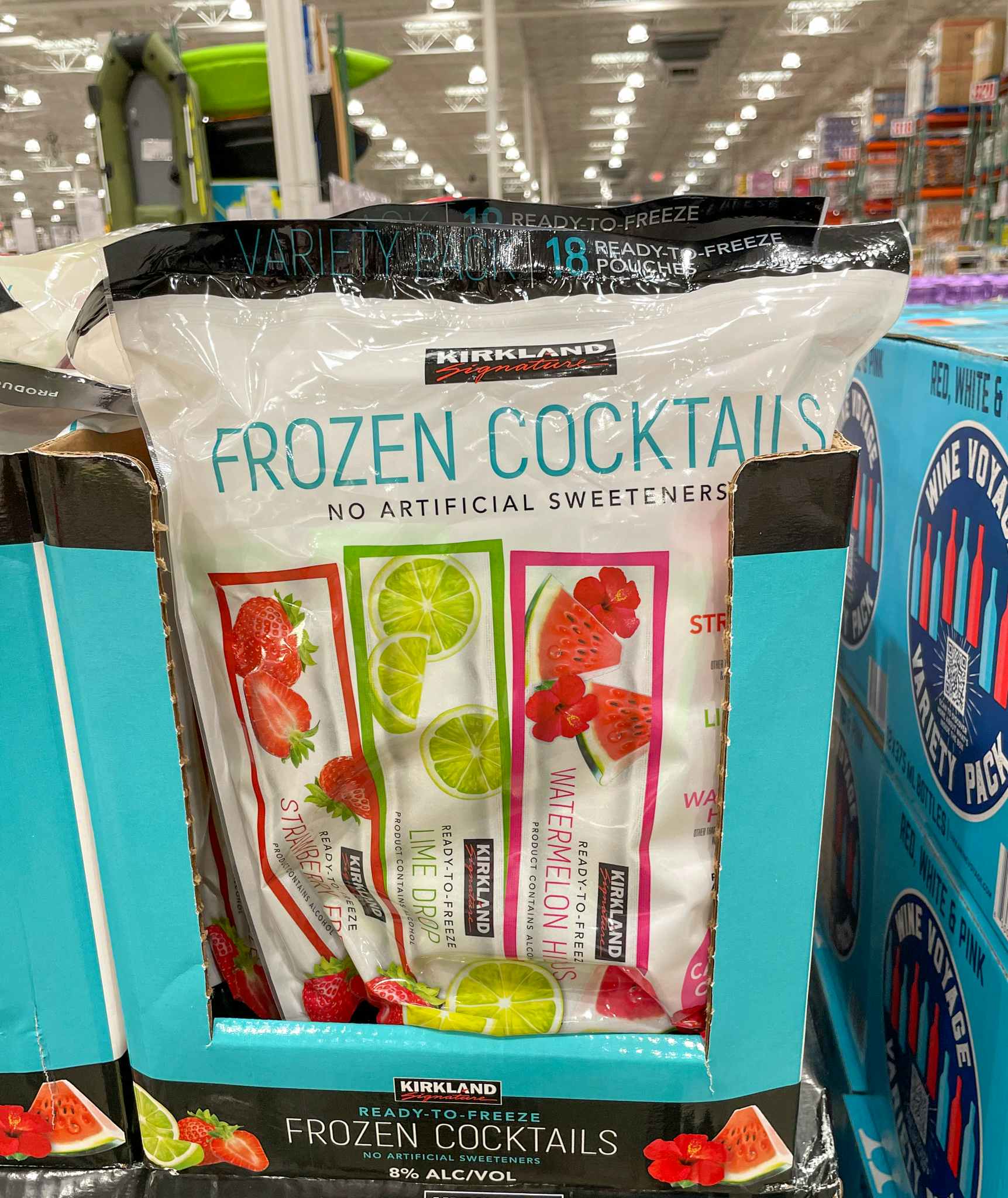 frozen cocktail pouches in a package on a shelf at costco 