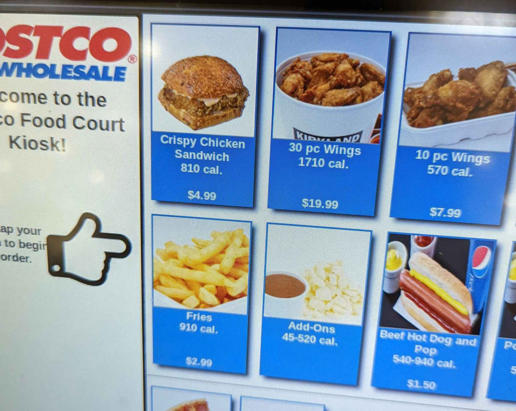 A close- up of the Costco food court kiosk screen showing uncommon regional food items