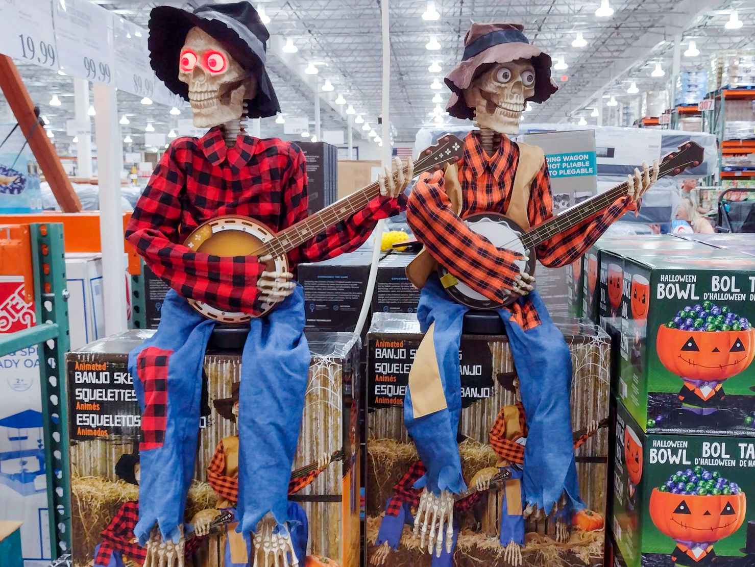 banjo playing skeletons sitting on boxes at costco