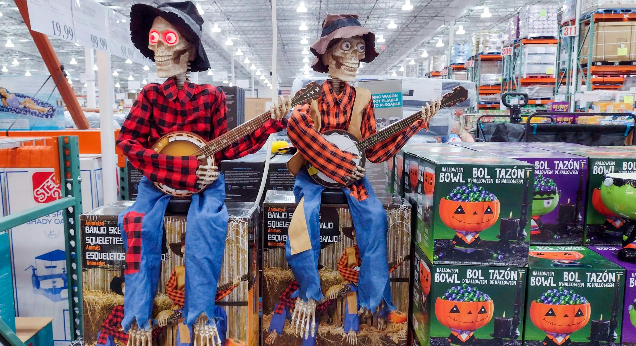 banjo playing skeletons sitting on boxes at costco