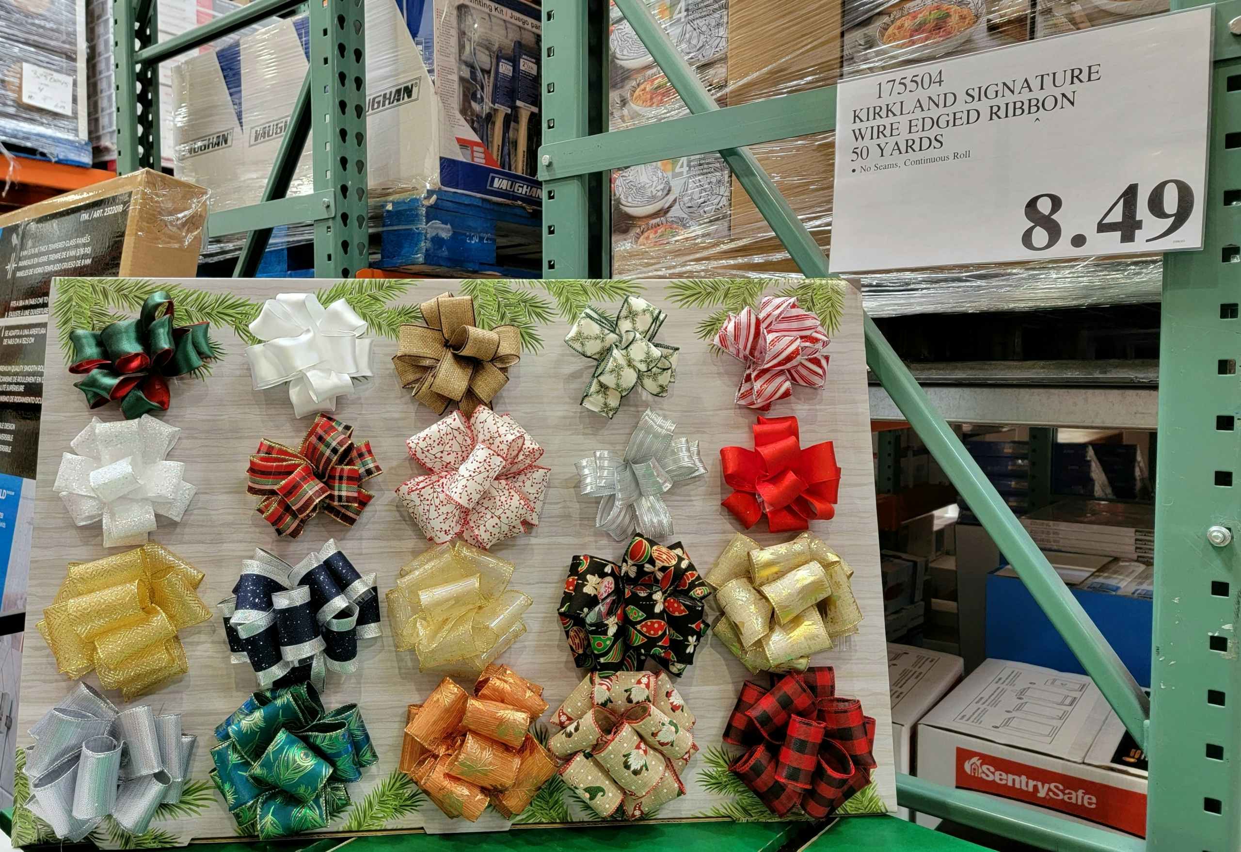 display of several different christmas ribbons at costco next to a sales tag
