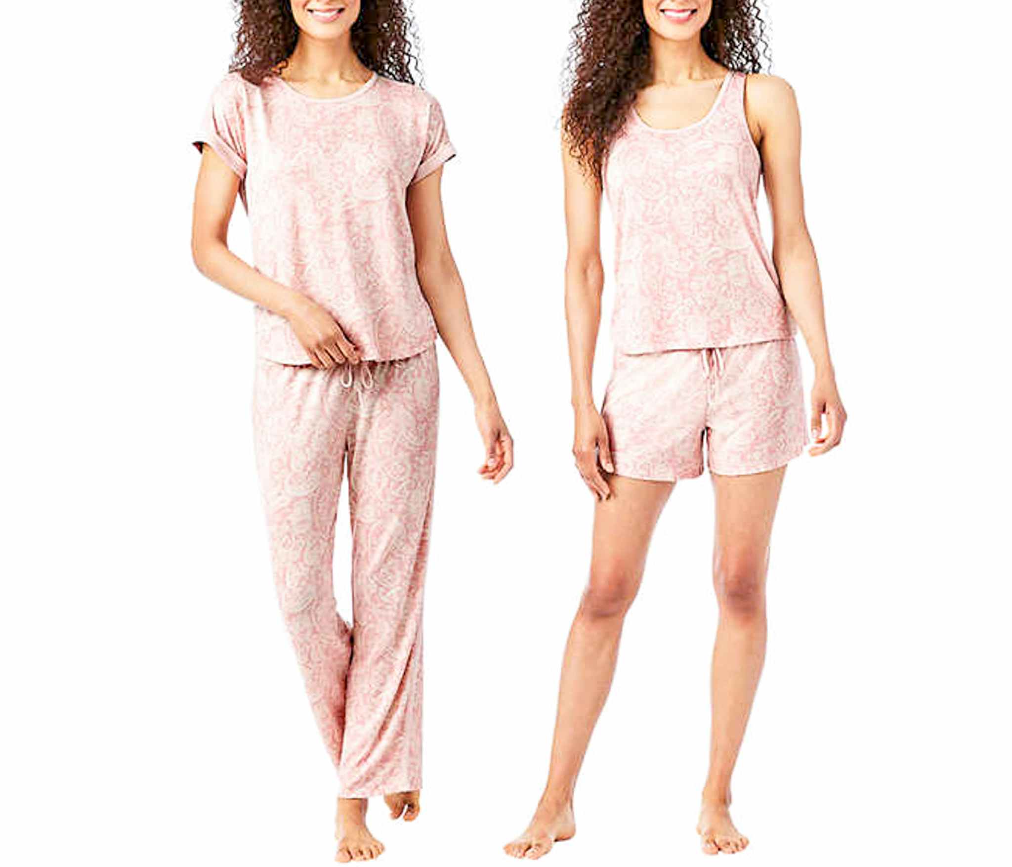 stock photo of a woman modeling two sets of pajamas 