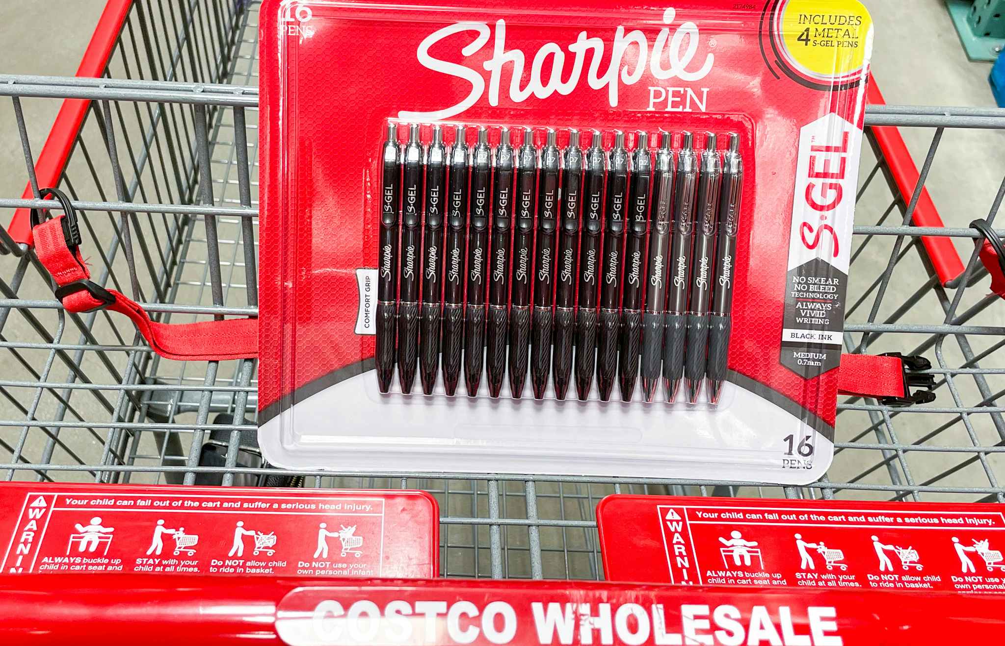 sharpie gel pens in a cart at costco