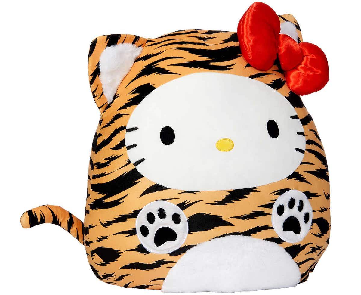 squishmallows hello kitty tiger plush toy on white background 