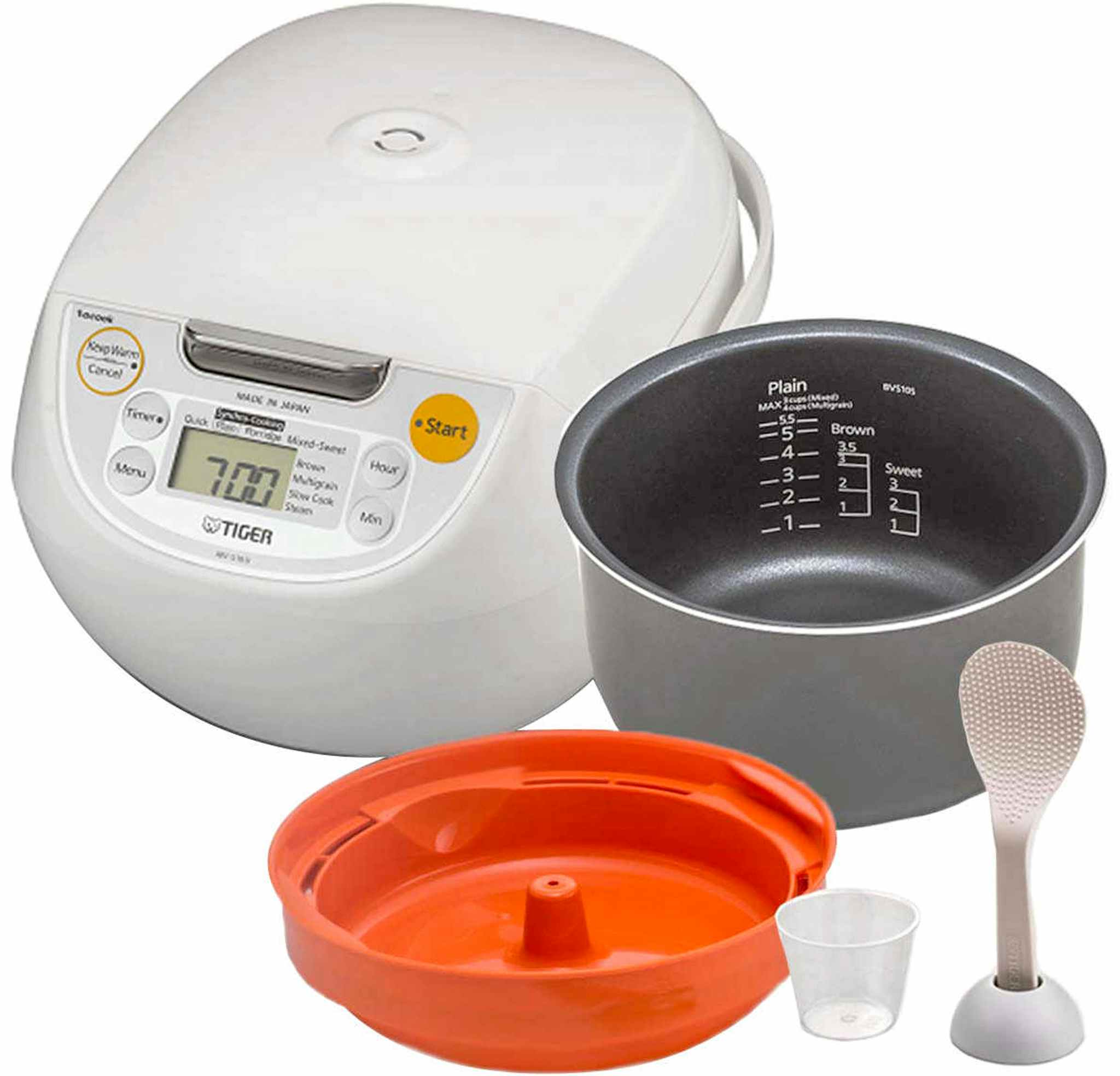 tiger rice cooker and warmer with all of its parts on a white background