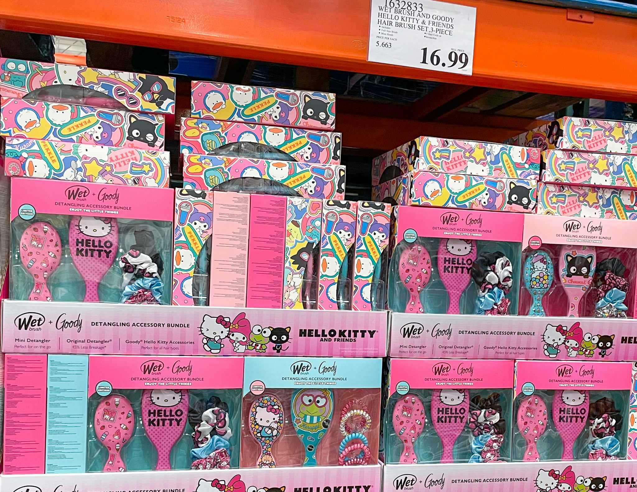 hello kitty wet brush set on a shelf at costco with price tag