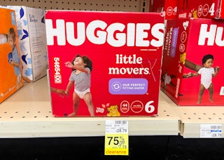 Huggies boxed diapers on shelf with yellow 75% off clearance tag