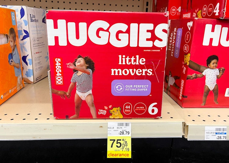 Huggies boxed diapers on shelf with yellow 75% off clearance tag