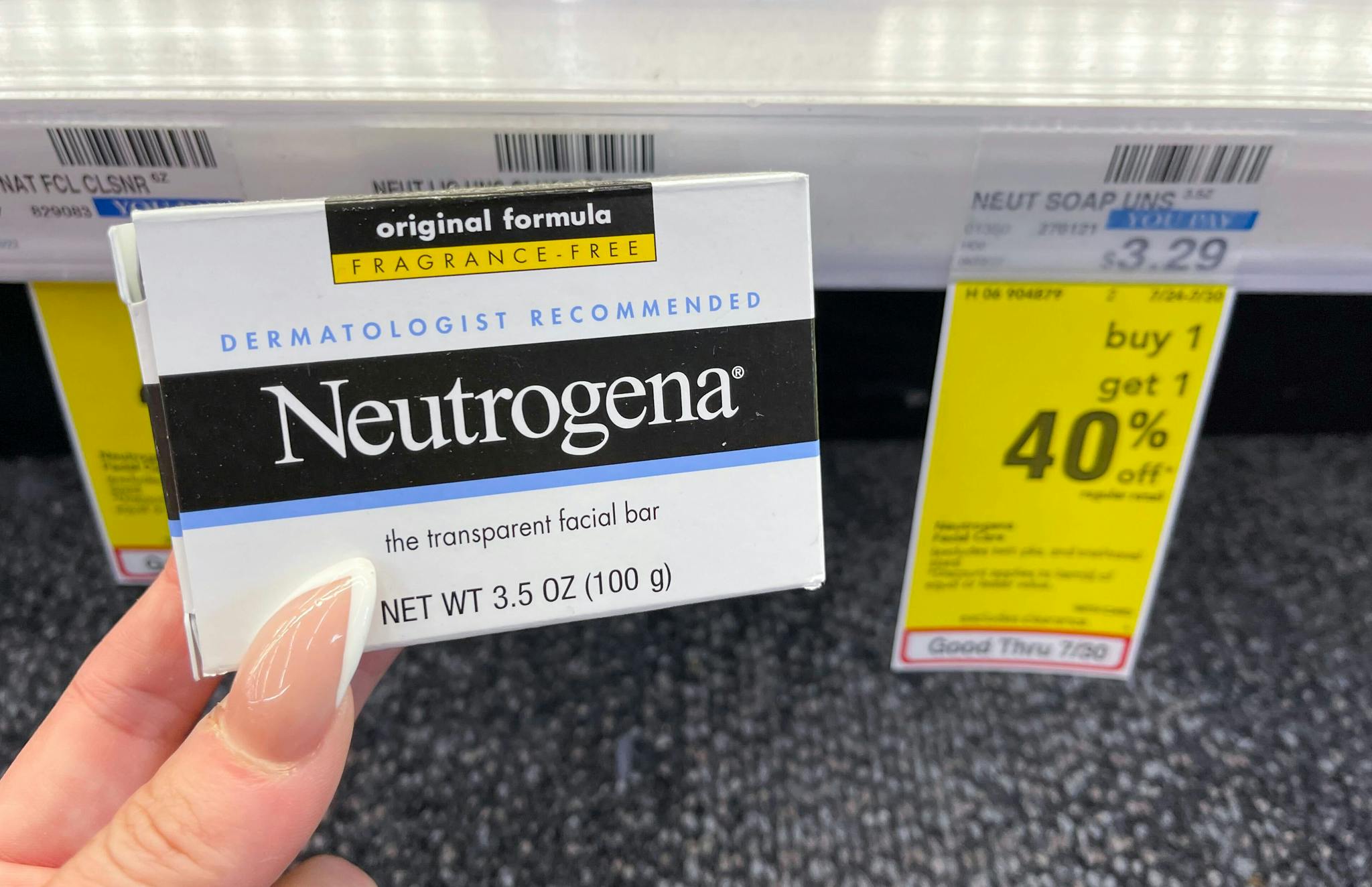 neutrogena facial bar held next to sale tag