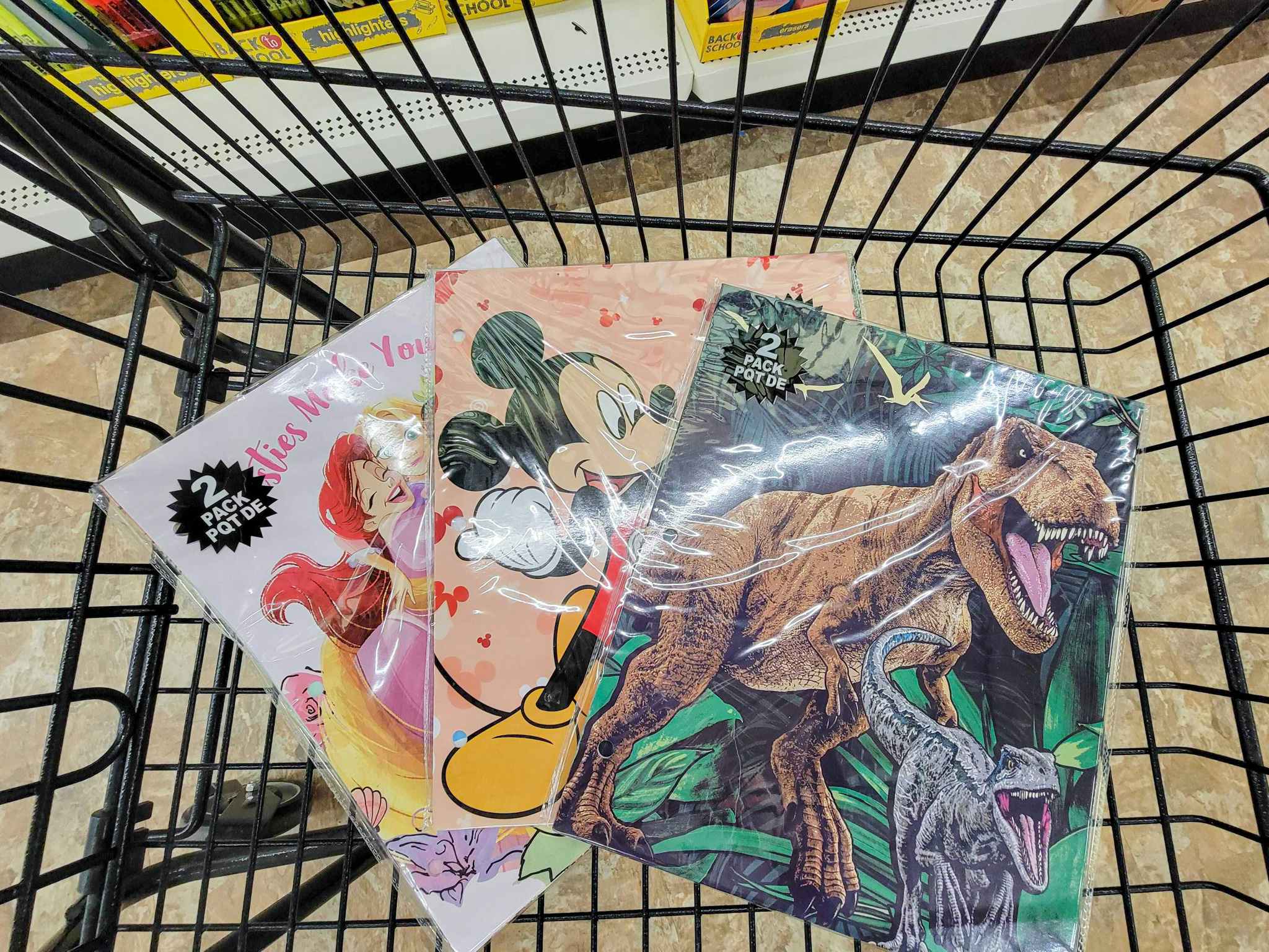 2-packs of character folders, disney princess, mickey mouse, and jurassic park